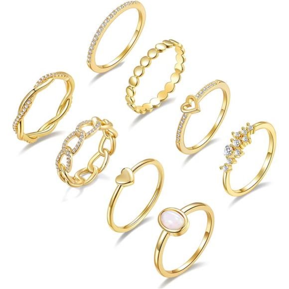 14K Gold CZ Heart Stacking Rings Set - Picture 3 of 7